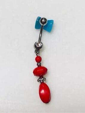 Clear gem red beaded dangle belly button ring navel ring piercing new 14 gauge